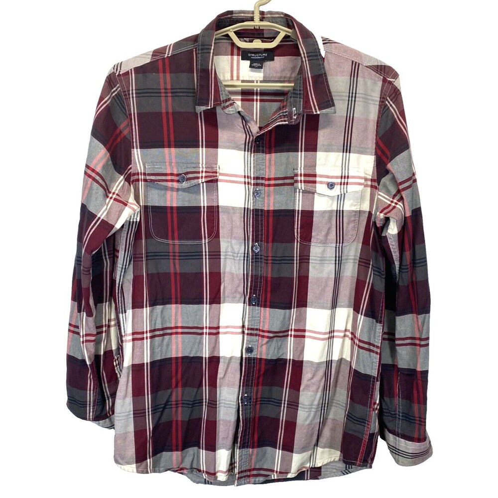 Structure Men's Modern Fit Sz L Shirt Point Collar Red Plaid Flannel Long Sleeve